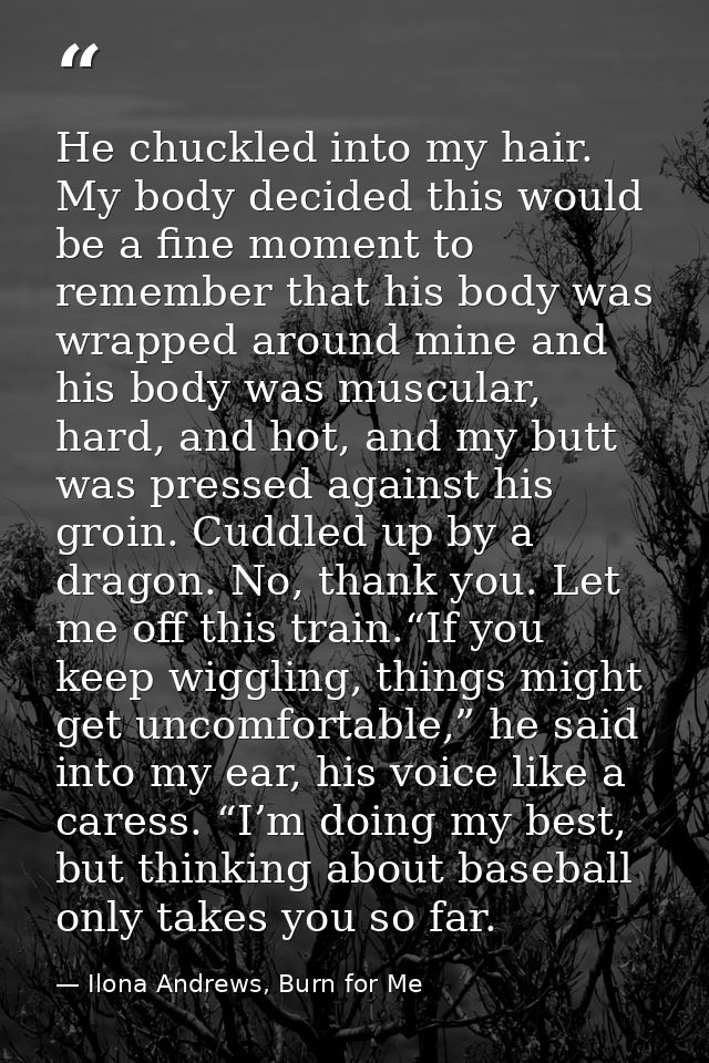 He chuckled into my hair. My body decided this would be a fine moment to remember that his body was wrapped around mine  — Ilona Andrews, Burn for Me
