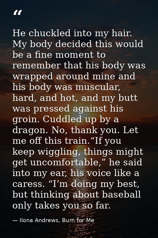 He chuckled into my hair. My body decided this would be a fine moment to remember that his body was wrapped around mine  — Ilona Andrews, Burn for Me