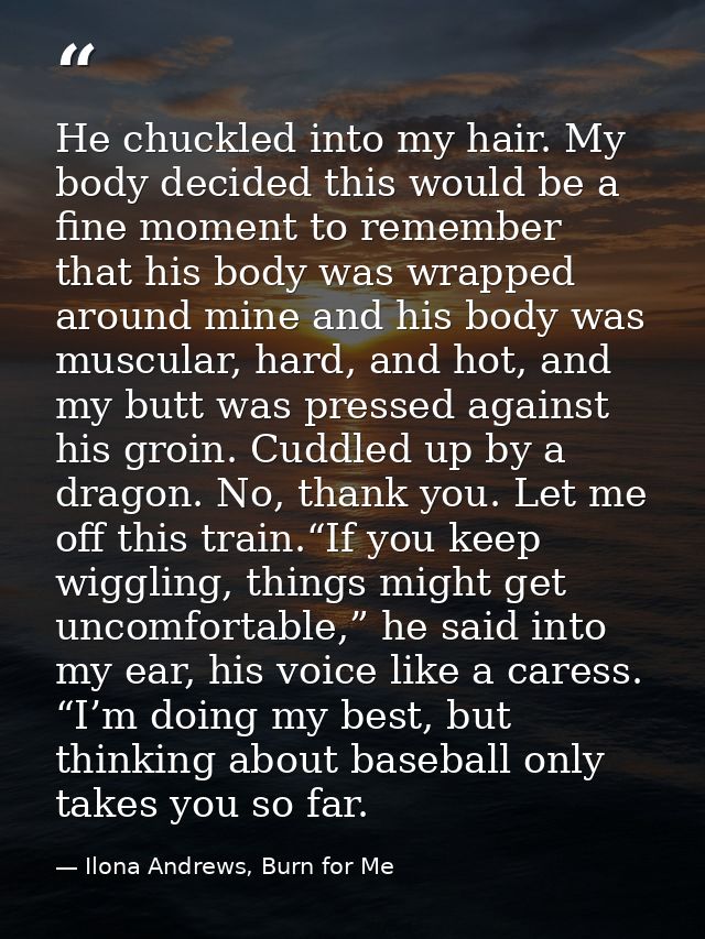 He chuckled into my hair. My body decided this would be a fine moment to remember that his body was wrapped around mine  — Ilona Andrews, Burn for Me