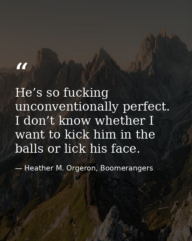 He’s so fucking unconventionally perfect. I don’t know whether I want to kick him in the balls or lick his face. — Heather M. Orgeron, Boomerangers
