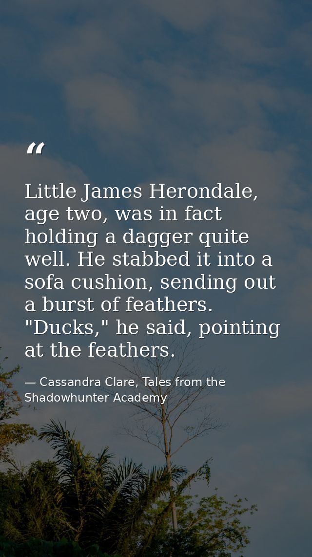 Little James Herondale, age two, was in fact holding a dagger quite well. He stabbed it into a sofa cushion, sending out — Cassandra Clare, Tales from the Shadowhunter Academy