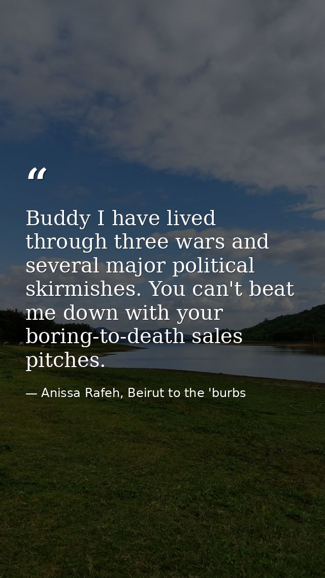 Buddy I have lived through three wars and several major political skirmishes. You can't beat me down with your boring-to — Anissa Rafeh, Beirut to the 'burbs