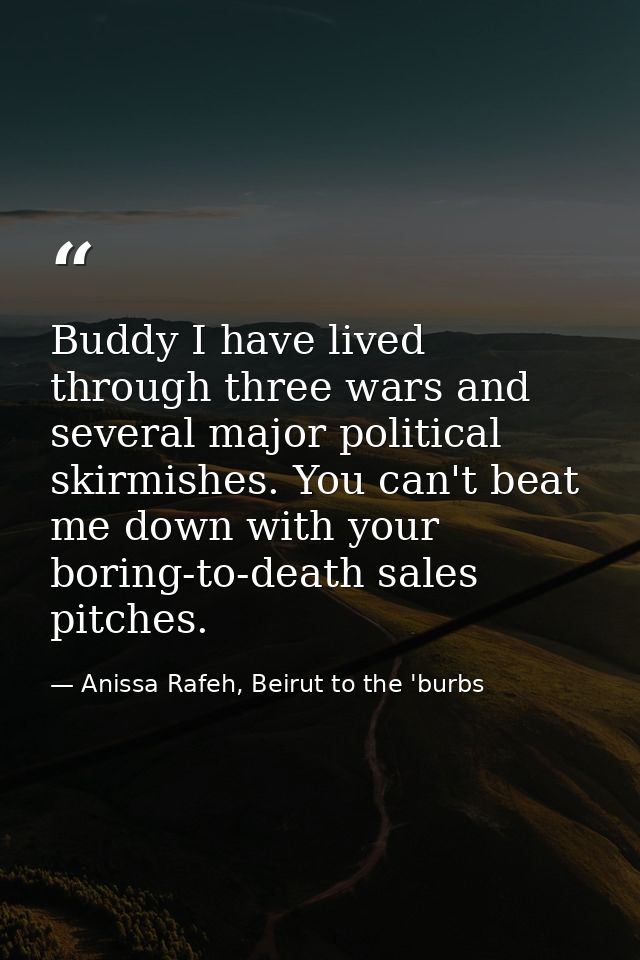 Buddy I have lived through three wars and several major political skirmishes. You can't beat me down with your boring-to — Anissa Rafeh, Beirut to the 'burbs