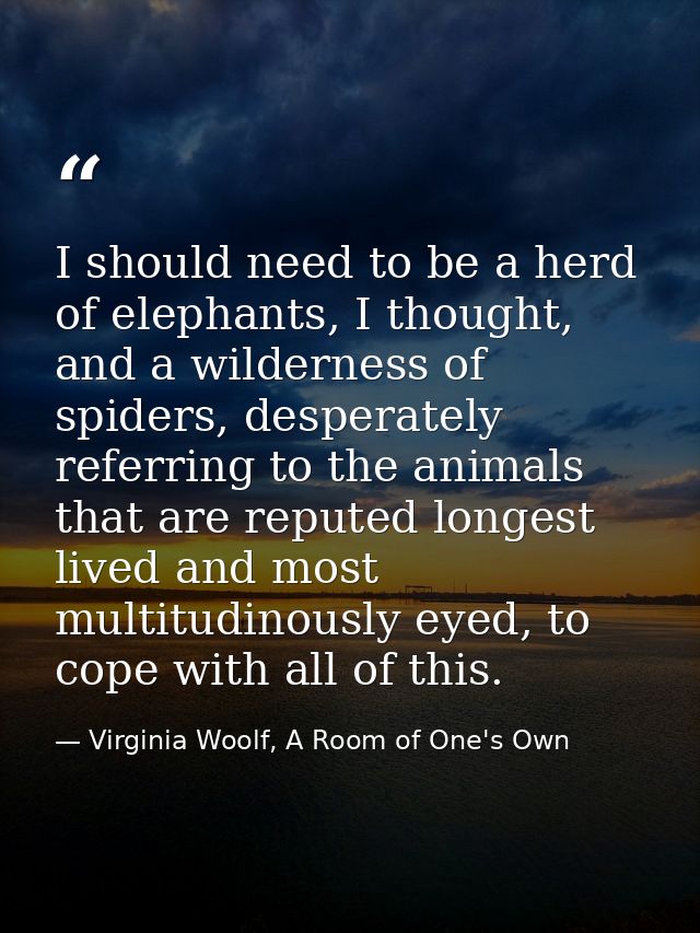 I should need to be a herd of elephants, I thought, and a wilderness of spiders, desperately referring to the animals th — Virginia Woolf, A Room of One's Own