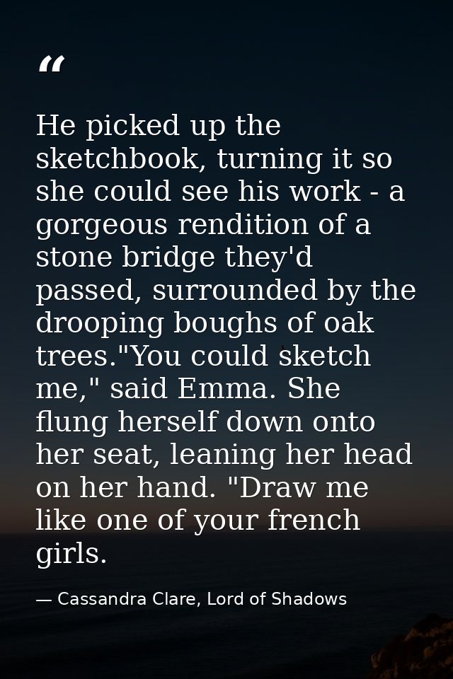 He picked up the sketchbook, turning it so she could see his work - a gorgeous rendition of a stone bridge they'd passed — Cassandra Clare, Lord of Shadows