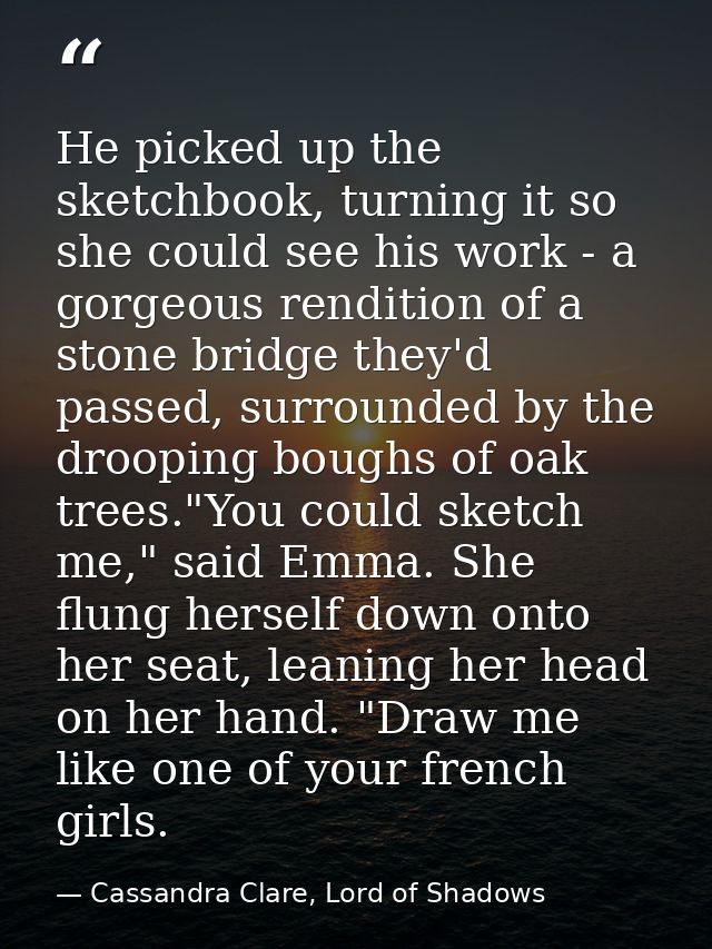 He picked up the sketchbook, turning it so she could see his work - a gorgeous rendition of a stone bridge they'd passed — Cassandra Clare, Lord of Shadows