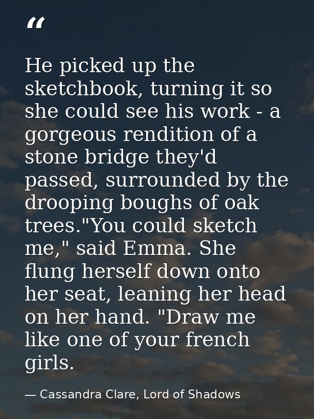 He picked up the sketchbook, turning it so she could see his work - a gorgeous rendition of a stone bridge they'd passed — Cassandra Clare, Lord of Shadows