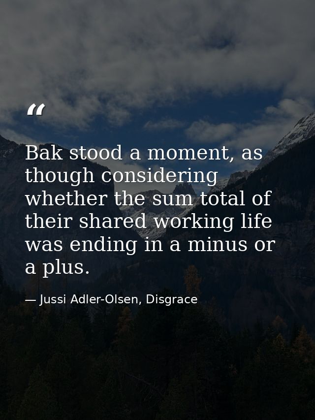 Bak stood a moment, as though considering whether the sum total of their shared working life was ending in a minus or a  — Jussi Adler-Olsen, Disgrace