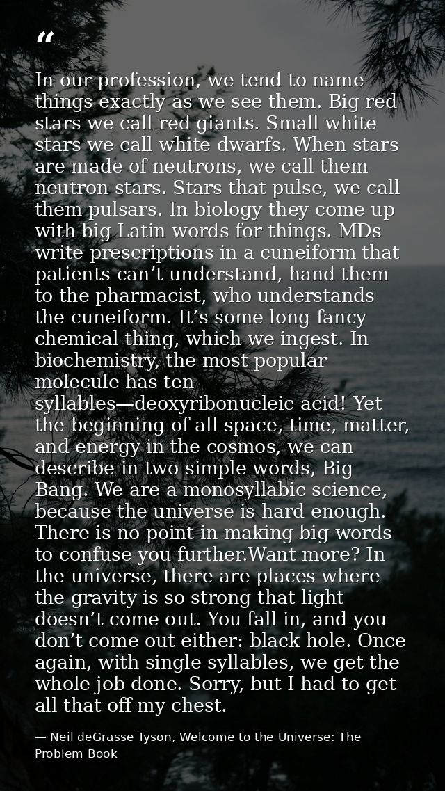 In our profession, we tend to name things exactly as we see them. Big red stars we call red giants. Small white stars we — Neil deGrasse Tyson, Welcome to the Universe: The Problem Book