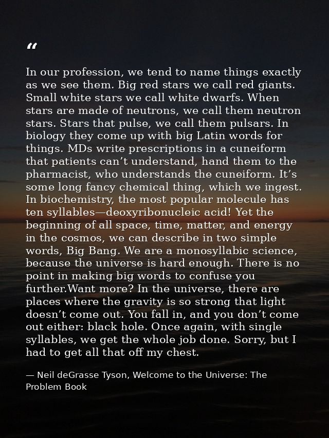In our profession, we tend to name things exactly as we see them. Big red stars we call red giants. Small white stars we — Neil deGrasse Tyson, Welcome to the Universe: The Problem Book