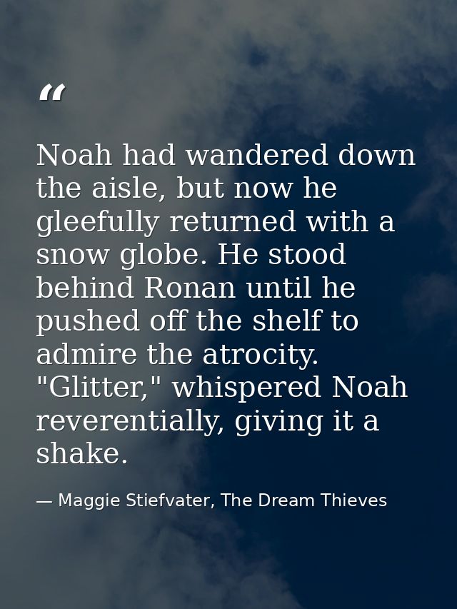 Noah had wandered down the aisle, but now he gleefully returned with a snow globe. He stood behind Ronan until he pushed — Maggie Stiefvater, The Dream Thieves