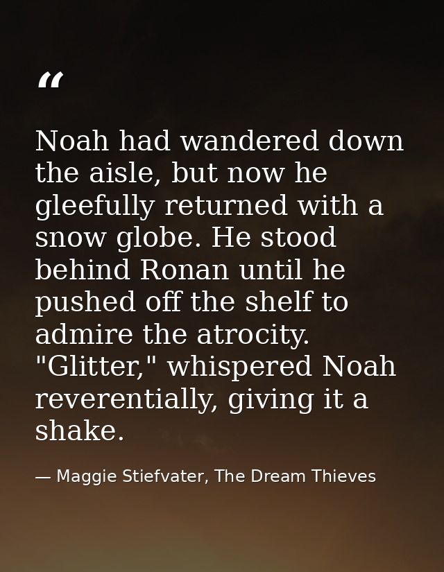 Noah had wandered down the aisle, but now he gleefully returned with a snow globe. He stood behind Ronan until he pushed — Maggie Stiefvater, The Dream Thieves