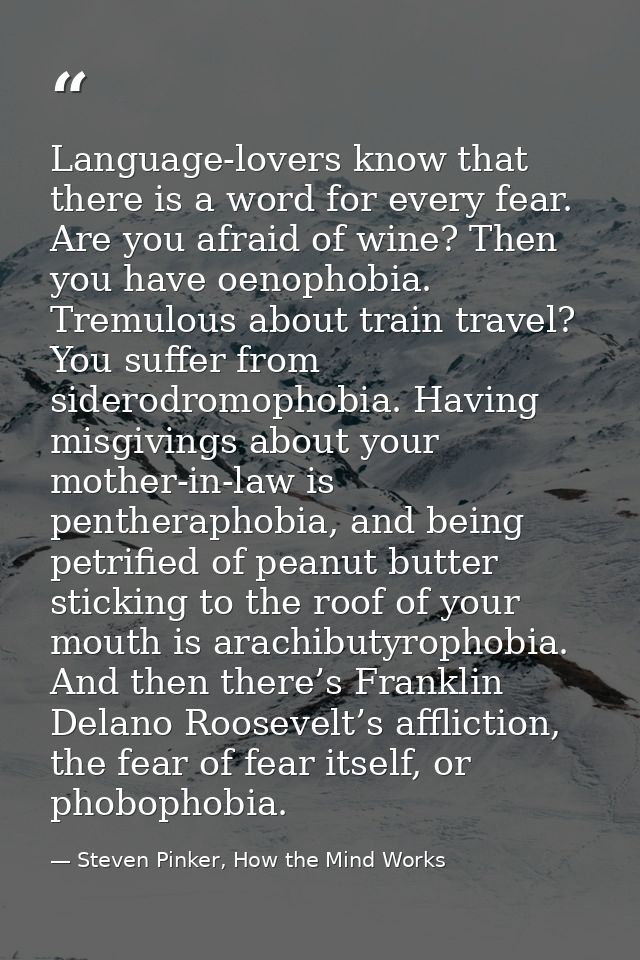 Language-lovers know that there is a word for every fear. Are you afraid of wine? Then you have oenophobia. Tremulous ab — Steven Pinker, How the Mind Works