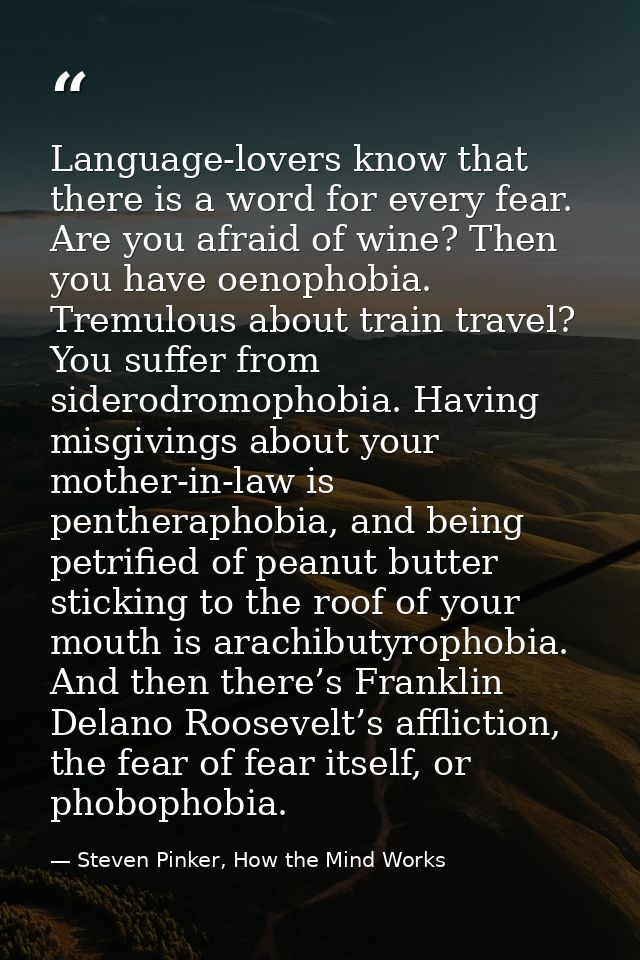 Language-lovers know that there is a word for every fear. Are you afraid of wine? Then you have oenophobia. Tremulous ab — Steven Pinker, How the Mind Works