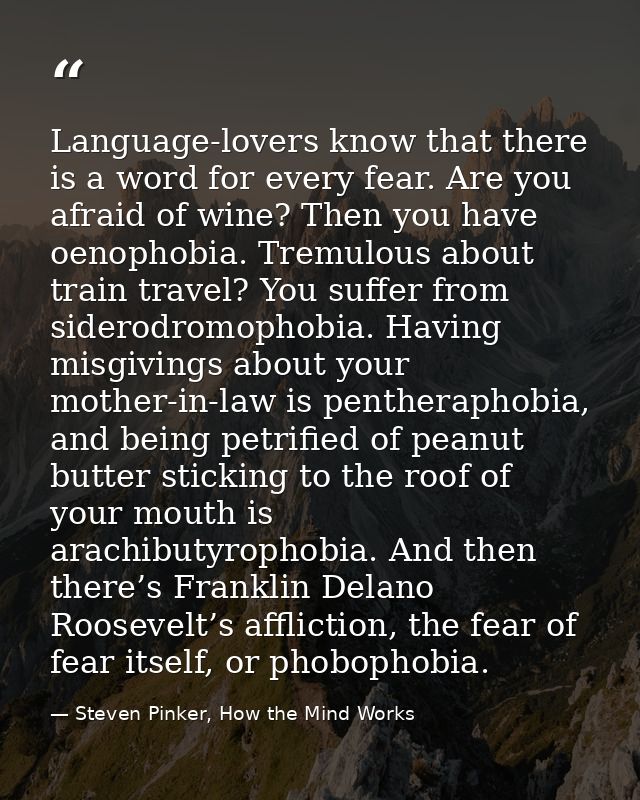 Language-lovers know that there is a word for every fear. Are you afraid of wine? Then you have oenophobia. Tremulous ab — Steven Pinker, How the Mind Works