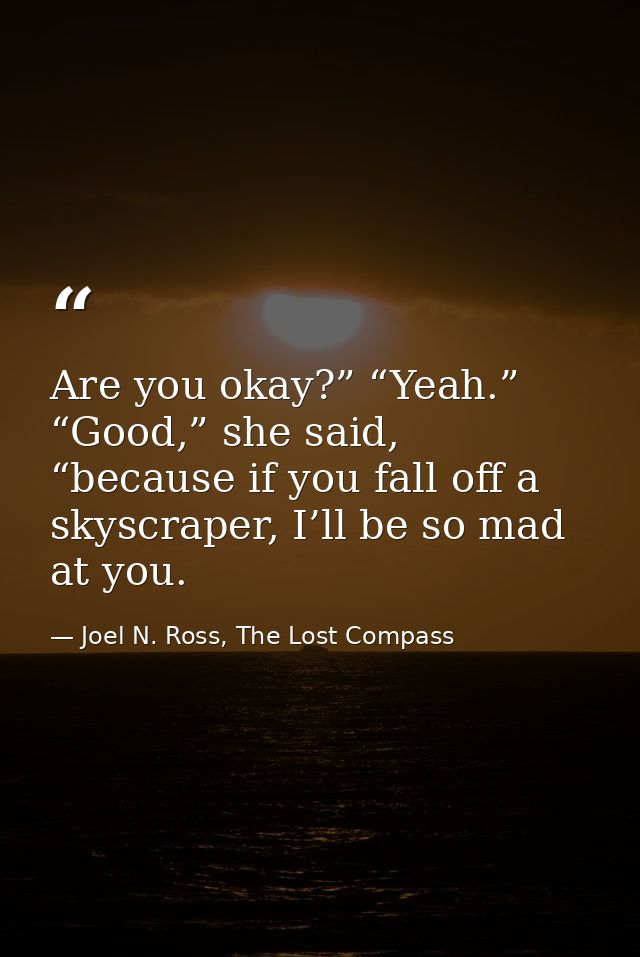 Are you okay?” “Yeah.” “Good,” she said, “because if you fall off a skyscraper, I’ll be so mad at you. — Joel N. Ross, The Lost Compass