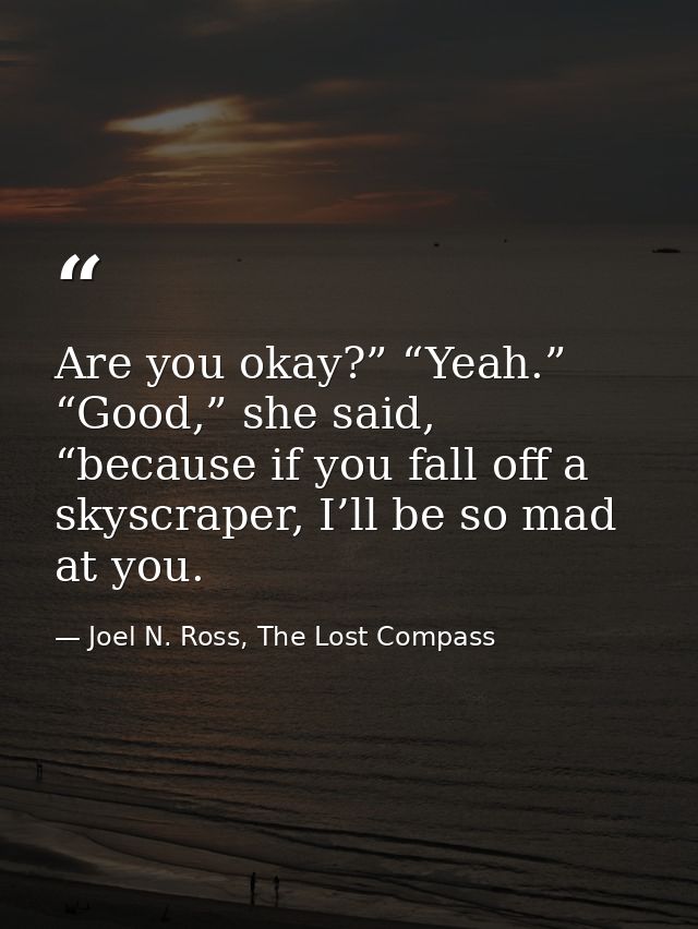 Are you okay?” “Yeah.” “Good,” she said, “because if you fall off a skyscraper, I’ll be so mad at you. — Joel N. Ross, The Lost Compass