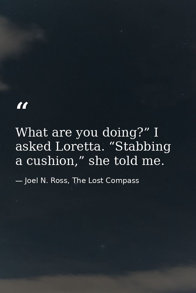 What are you doing?” I asked Loretta. “Stabbing a cushion,” she told me. — Joel N. Ross, The Lost Compass