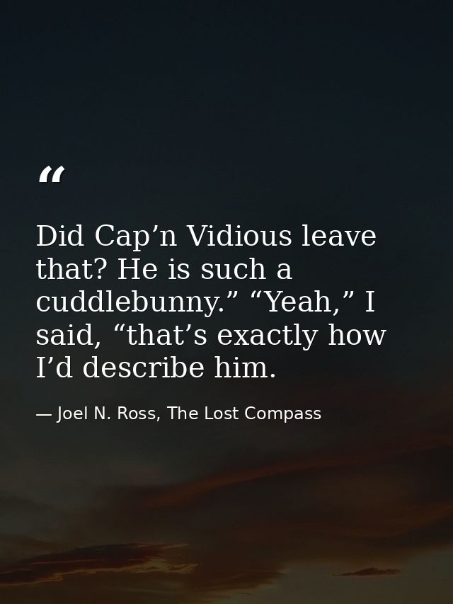 Did Cap’n Vidious leave that? He is such a cuddlebunny.” “Yeah,” I said, “that’s exactly how I’d describe him. — Joel N. Ross, The Lost Compass