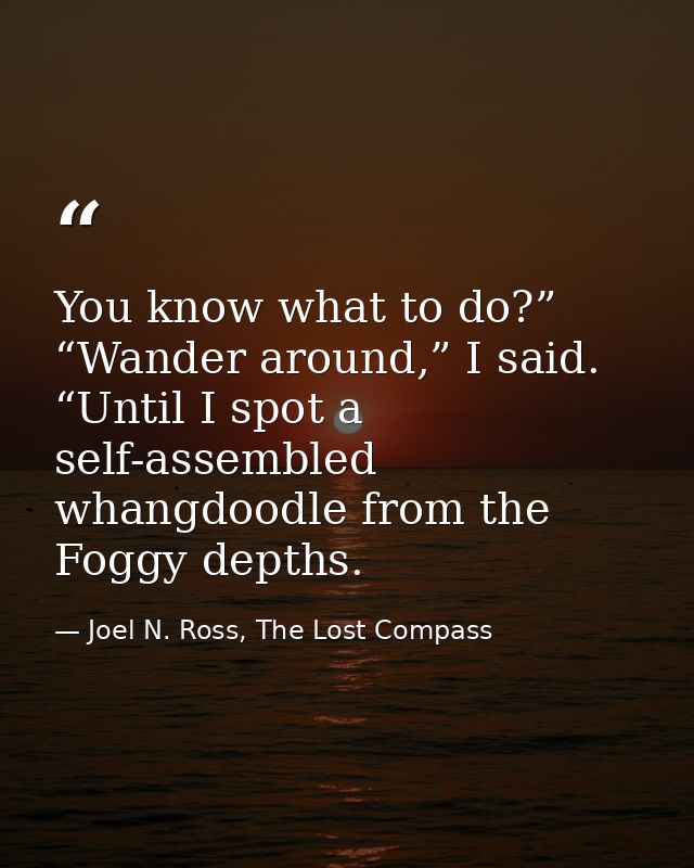 You know what to do?” “Wander around,” I said. “Until I spot a self-assembled whangdoodle from the Foggy depths. — Joel N. Ross, The Lost Compass