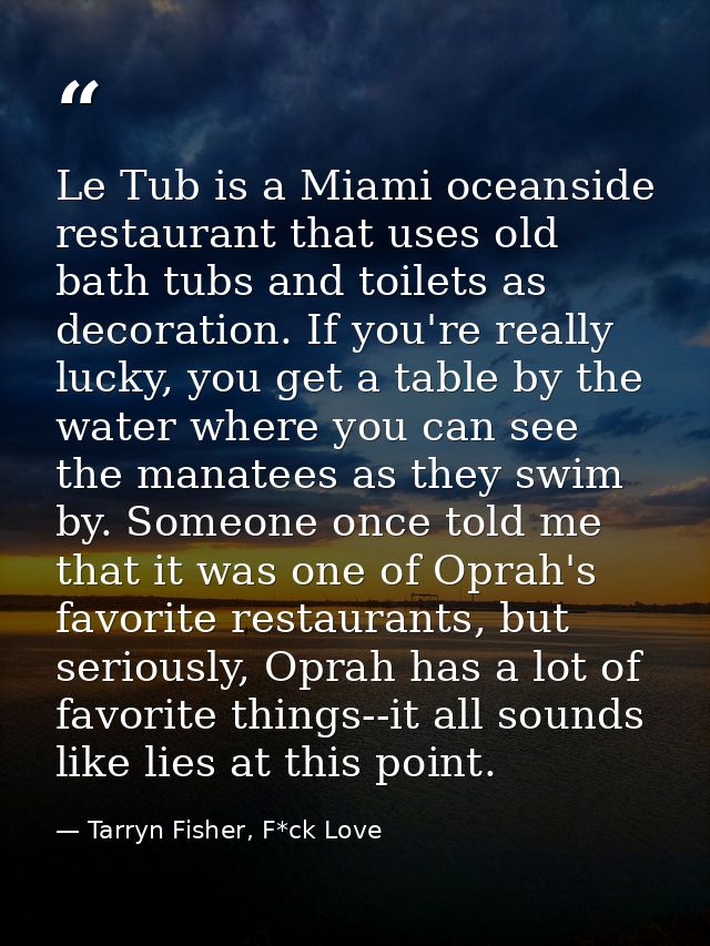 Le Tub is a Miami oceanside restaurant that uses old bath tubs and toilets as decoration. If you're really lucky, you ge — Tarryn Fisher, F*ck Love