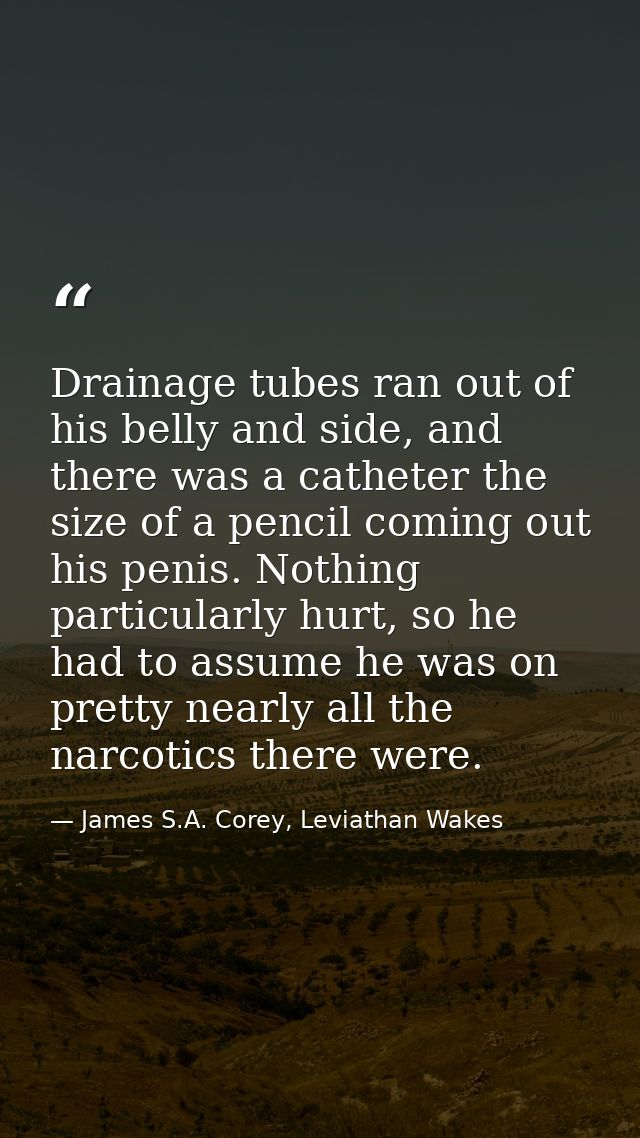 Drainage tubes ran out of his belly and side, and there was a catheter the size of a pencil coming out his penis. Nothin — James S.A. Corey, Leviathan Wakes