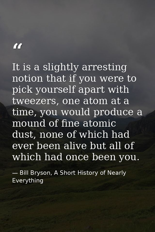 It is a slightly arresting notion that if you were to pick yourself apart with tweezers, one atom at a time, you would p — Bill Bryson, A Short History of Nearly Everything