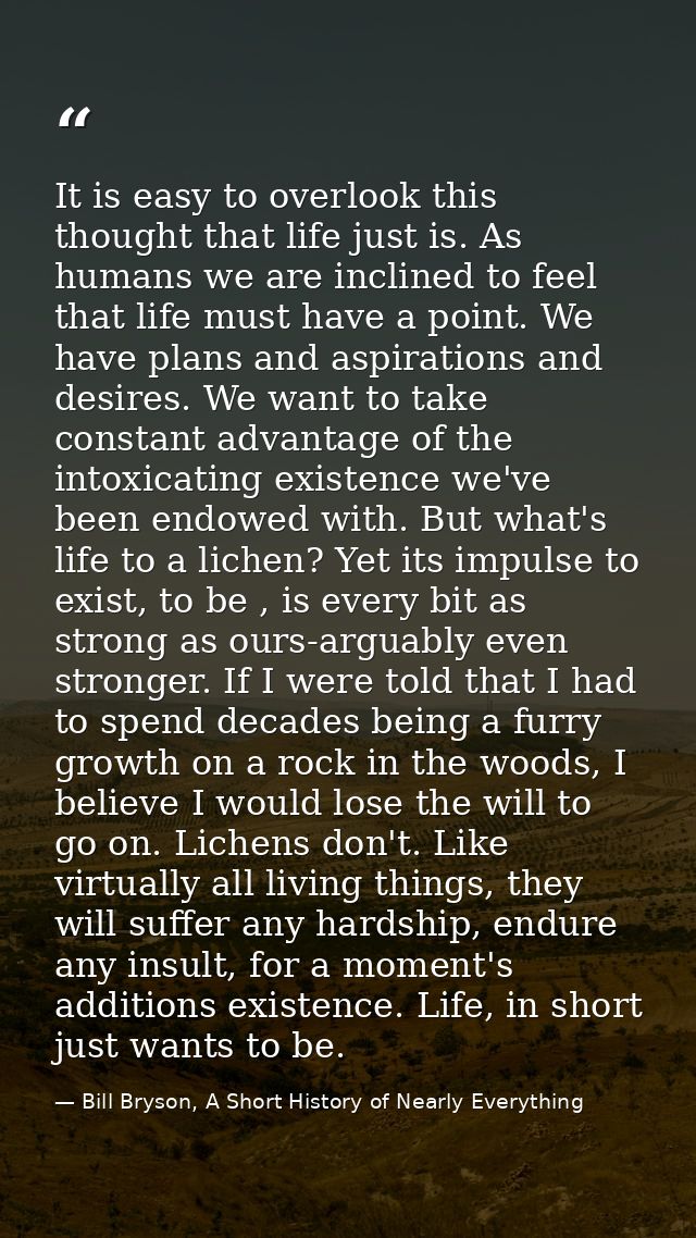 It is easy to overlook this thought that life just is. As humans we are inclined to feel that life must have a point. We — Bill Bryson, A Short History of Nearly Everything