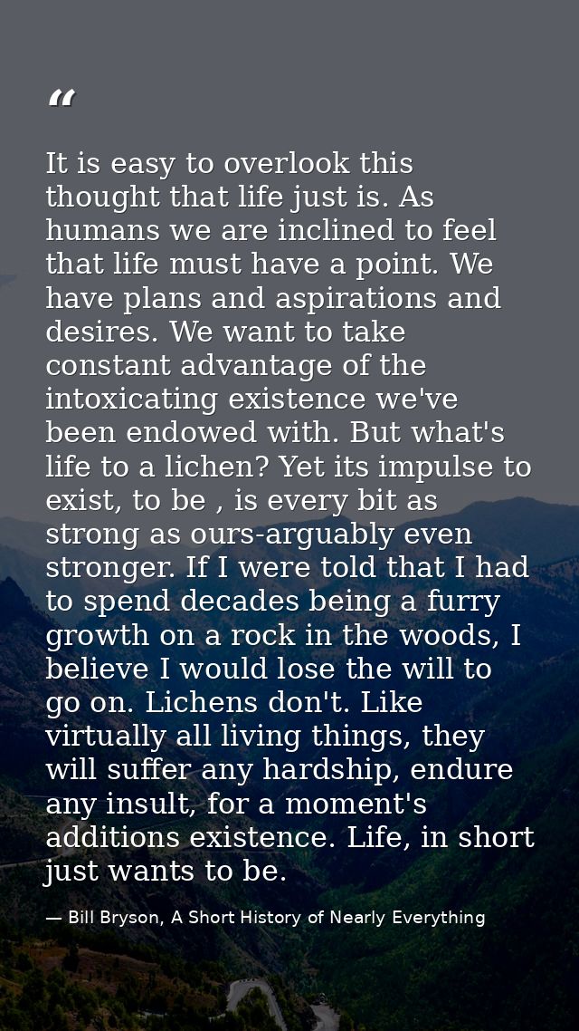 It is easy to overlook this thought that life just is. As humans we are inclined to feel that life must have a point. We — Bill Bryson, A Short History of Nearly Everything