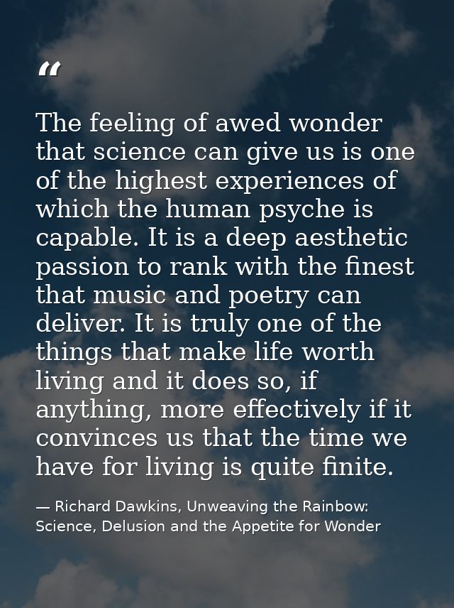 The feeling of awed wonder that science can give us is one of the highest experiences of which the human psyche is capab — Richard Dawkins, Unweaving the Rainbow: Science, Delusion and the Appetite for Wonder