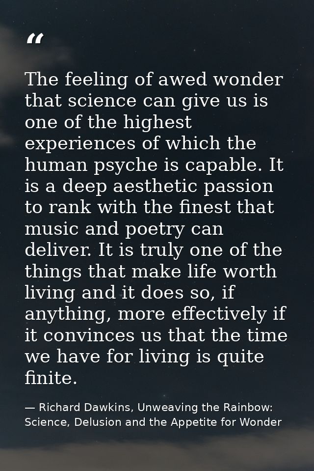 The feeling of awed wonder that science can give us is one of the highest experiences of which the human psyche is capab — Richard Dawkins, Unweaving the Rainbow: Science, Delusion and the Appetite for Wonder