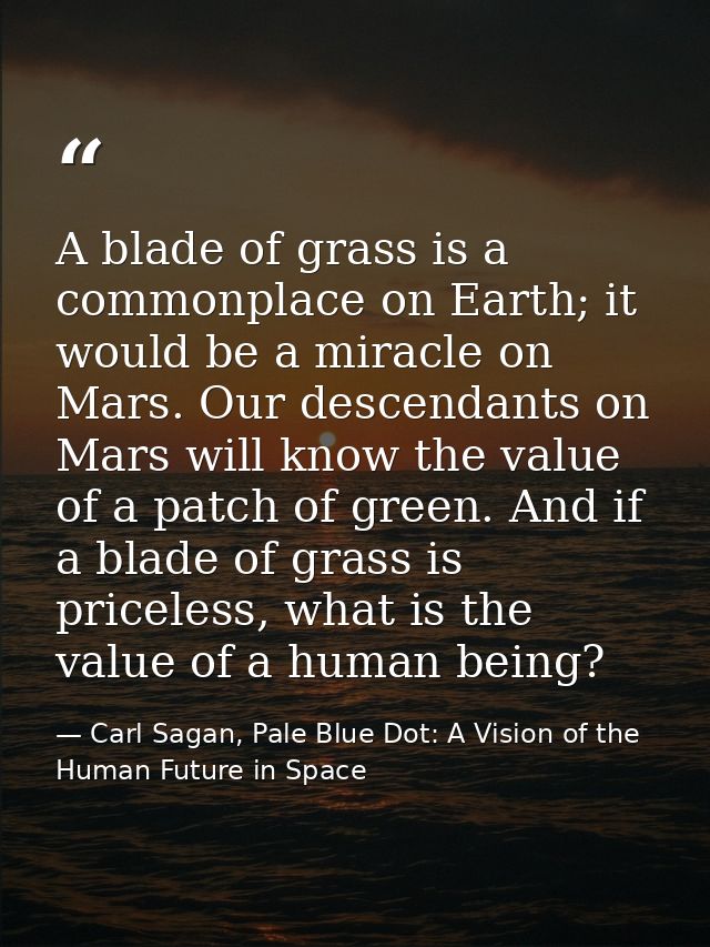 A blade of grass is a commonplace on Earth; it would be a miracle on Mars. Our descendants on Mars will know the value o — Carl Sagan, Pale Blue Dot: A Vision of the Human Future in Space