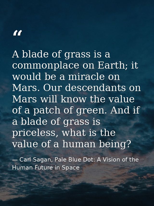 A blade of grass is a commonplace on Earth; it would be a miracle on Mars. Our descendants on Mars will know the value o — Carl Sagan, Pale Blue Dot: A Vision of the Human Future in Space