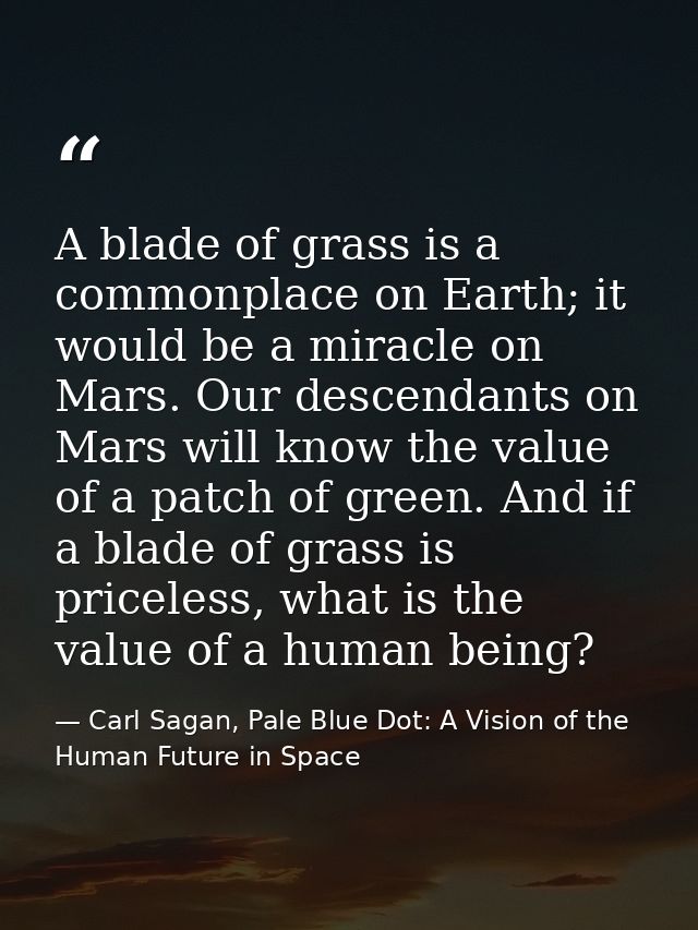 A blade of grass is a commonplace on Earth; it would be a miracle on Mars. Our descendants on Mars will know the value o — Carl Sagan, Pale Blue Dot: A Vision of the Human Future in Space
