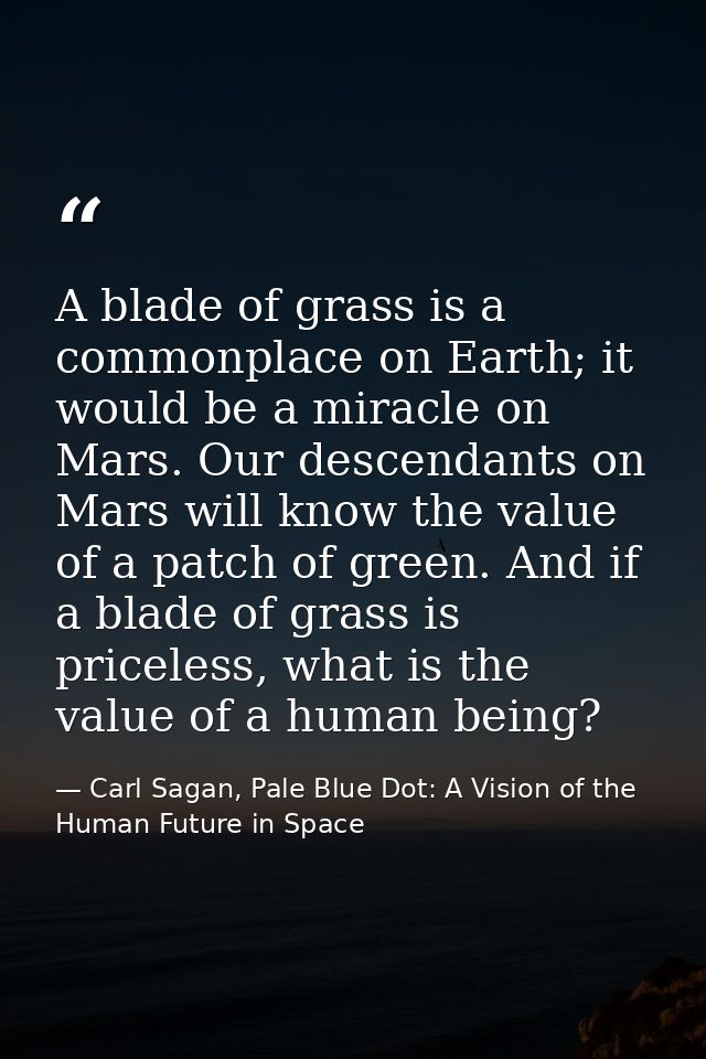 A blade of grass is a commonplace on Earth; it would be a miracle on Mars. Our descendants on Mars will know the value o — Carl Sagan, Pale Blue Dot: A Vision of the Human Future in Space