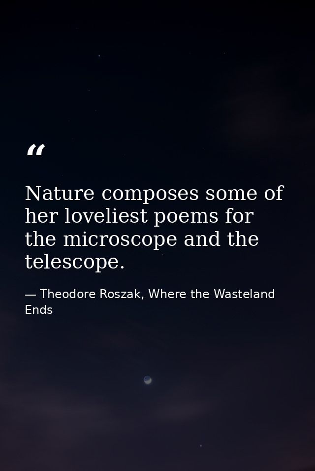 Nature composes some of her loveliest poems for the microscope and the telescope. — Theodore Roszak, Where the Wasteland Ends