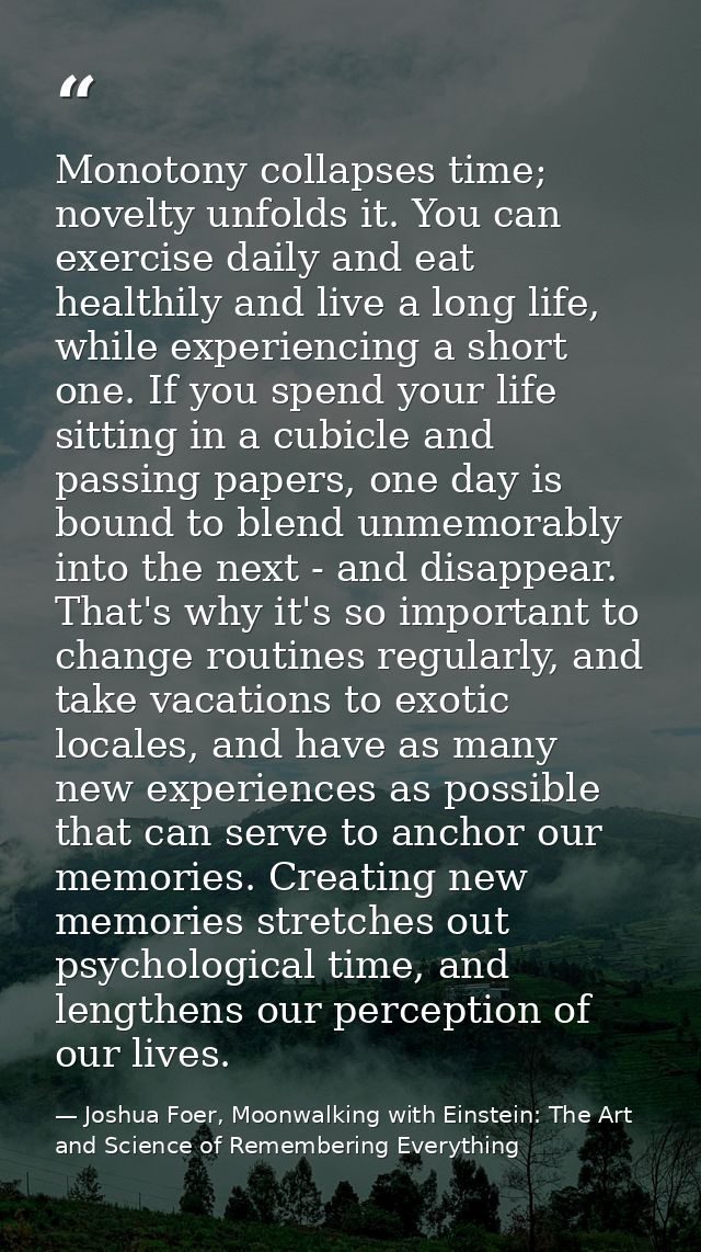 Monotony collapses time; novelty unfolds it. You can exercise daily and eat healthily and live a long life, while experi — Joshua Foer, Moonwalking with Einstein: The Art and Science of Remembering Everything