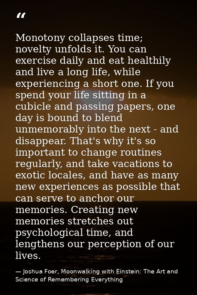Monotony collapses time; novelty unfolds it. You can exercise daily and eat healthily and live a long life, while experi — Joshua Foer, Moonwalking with Einstein: The Art and Science of Remembering Everything