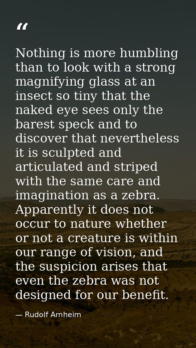 Nothing is more humbling than to look with a strong magnifying glass at an insect so tiny that the naked eye sees only t — Rudolf Arnheim
