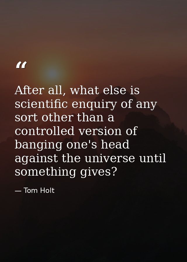 After all, what else is scientific enquiry of any sort other than a controlled version of banging one's head against the — Tom Holt