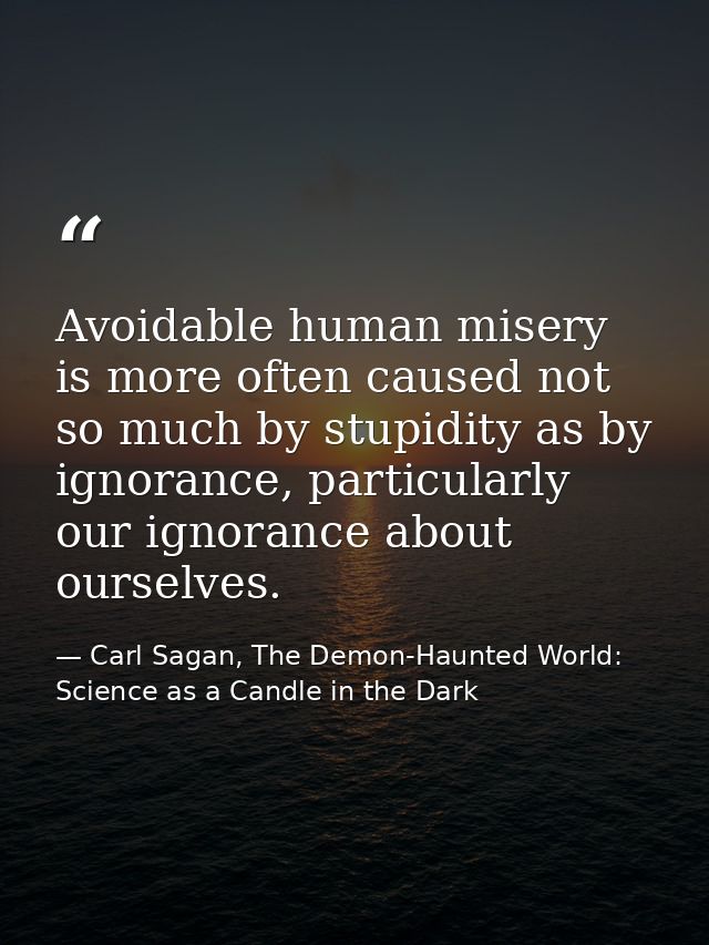 Avoidable human misery is more often caused not so much by stupidity as by ignorance, particularly our ignorance about o — Carl Sagan, The Demon-Haunted World: Science as a Candle in the Dark