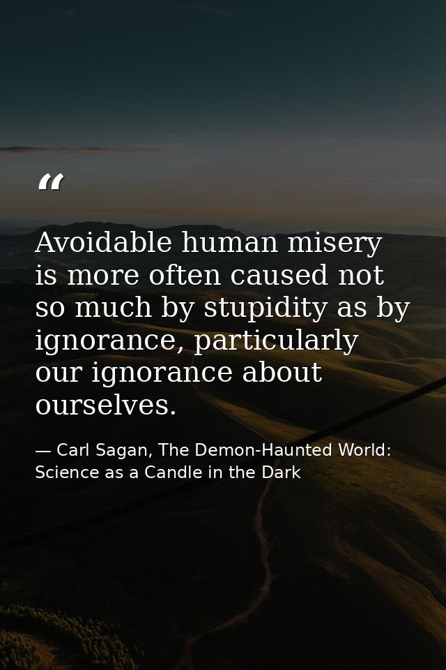 Avoidable human misery is more often caused not so much by stupidity as by ignorance, particularly our ignorance about o — Carl Sagan, The Demon-Haunted World: Science as a Candle in the Dark