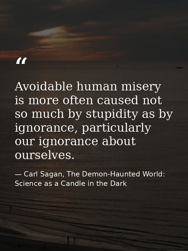 Avoidable human misery is more often caused not so much by stupidity as by ignorance, particularly our ignorance about o — Carl Sagan, The Demon-Haunted World: Science as a Candle in the Dark