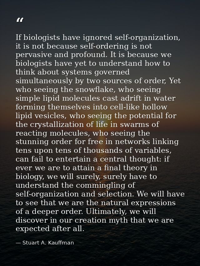 If biologists have ignored self-organization, it is not because self-ordering is not pervasive and profound. It is becau — Stuart A. Kauffman