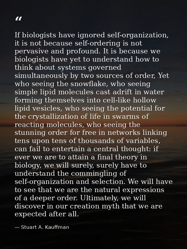 If biologists have ignored self-organization, it is not because self-ordering is not pervasive and profound. It is becau — Stuart A. Kauffman