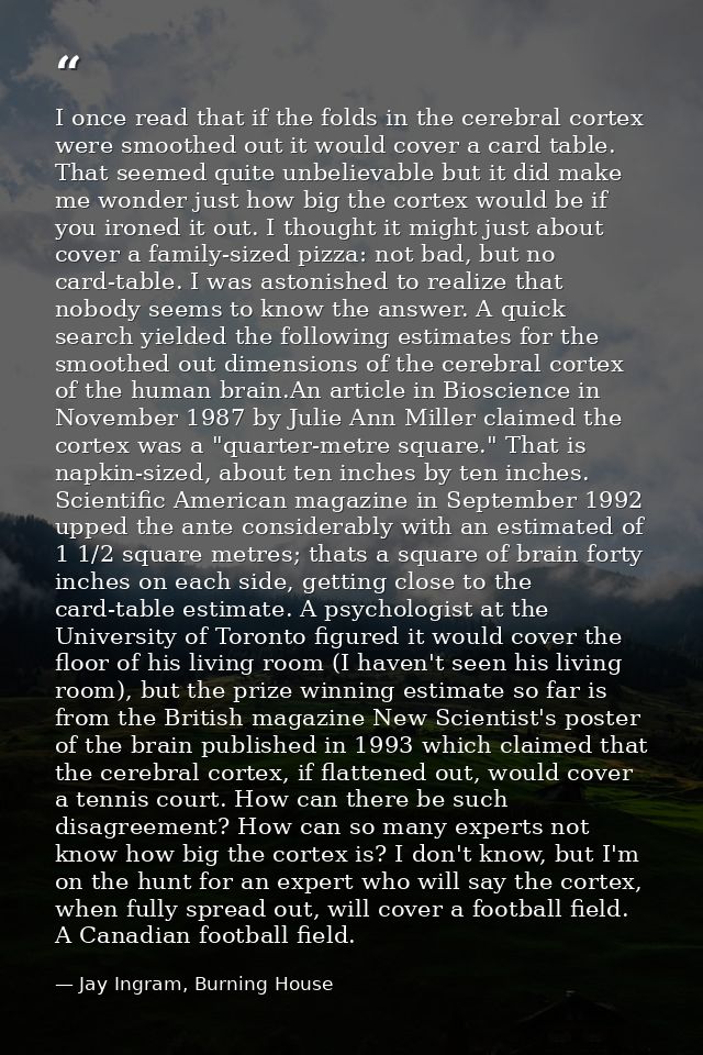 I once read that if the folds in the cerebral cortex were smoothed out it would cover a card table. That seemed quite un — Jay Ingram, Burning House
