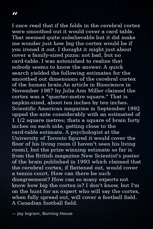 I once read that if the folds in the cerebral cortex were smoothed out it would cover a card table. That seemed quite un — Jay Ingram, Burning House