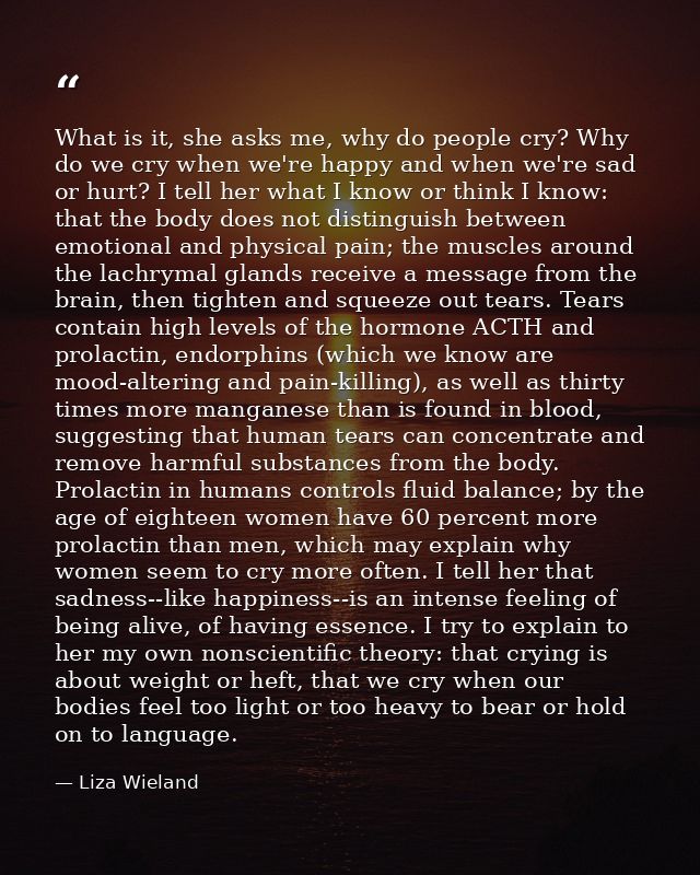 What is it, she asks me, why do people cry? Why do we cry when we're happy and when we're sad or hurt? I tell her what I — Liza Wieland