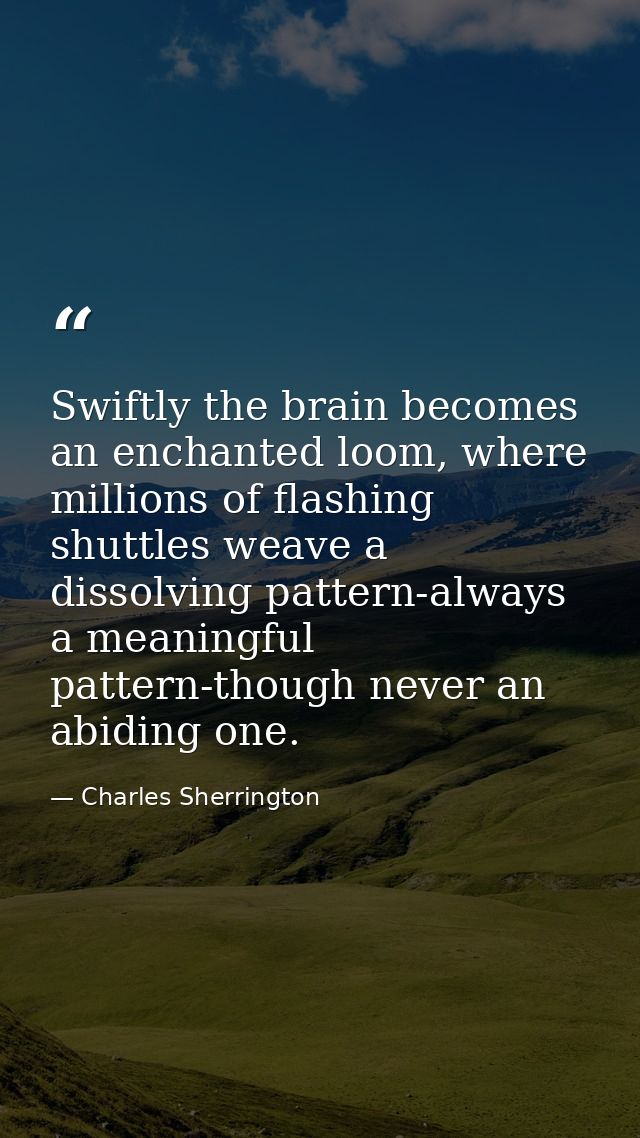 Swiftly the brain becomes an enchanted loom, where millions of flashing shuttles weave a dissolving pattern-always a mea — Charles Sherrington