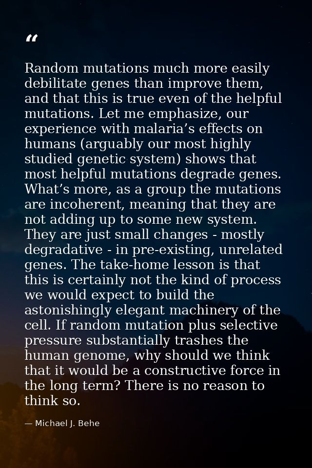 Random mutations much more easily debilitate genes than improve them, and that this is true even of the helpful mutation — Michael J. Behe